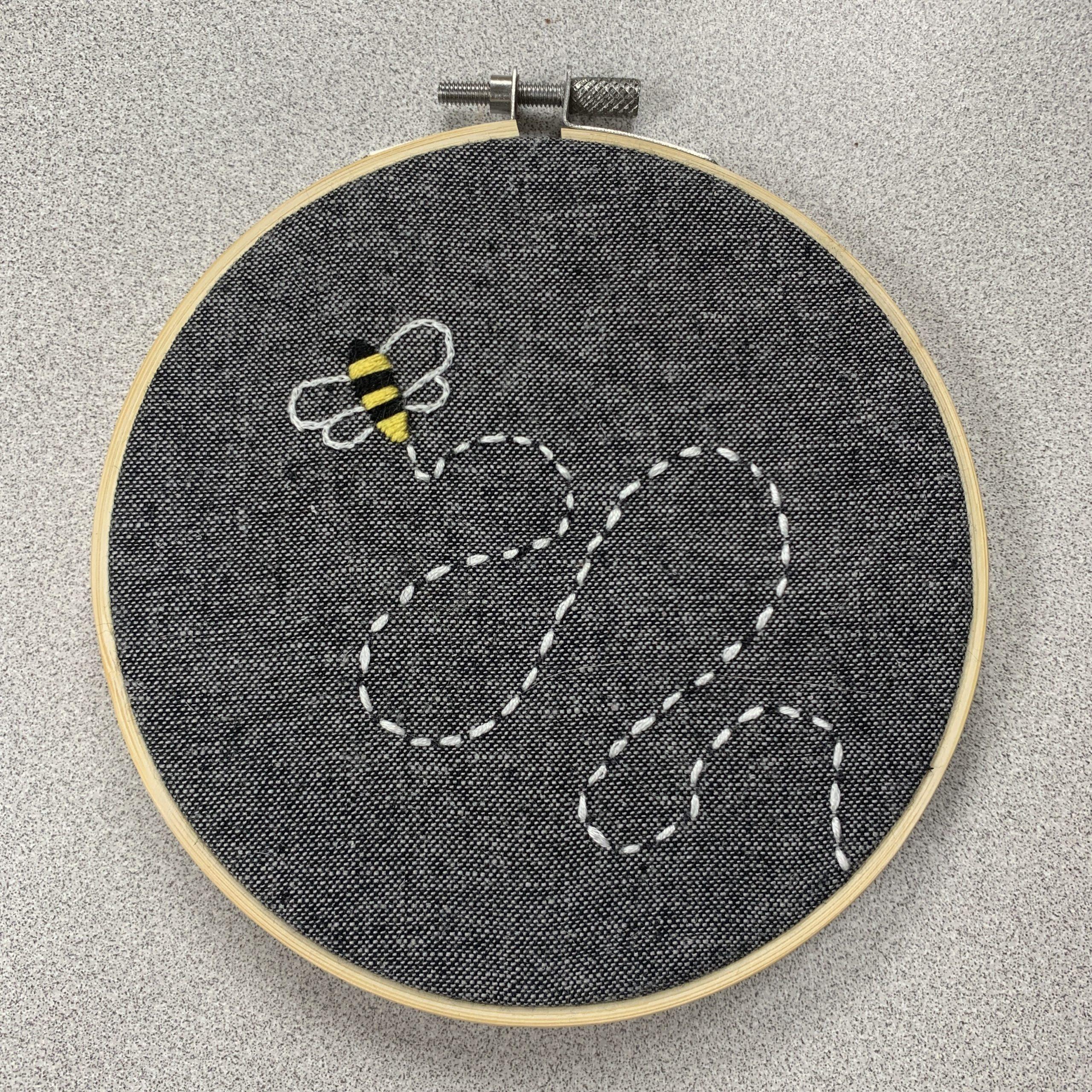 Embroidery project depicting a bee doing a waggle dance