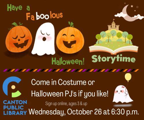 Fa-Boo-lous Halloween PJ Storytime with pumpkins a ghost and the logo